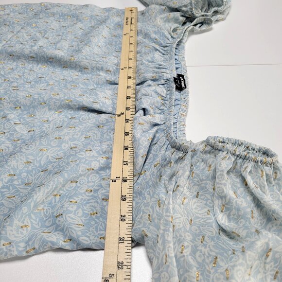 Express Off Shoulder Balloon Sleeve Boho Sheer Blouse Blue Floral Size Large NWT - Picture 9 of 9